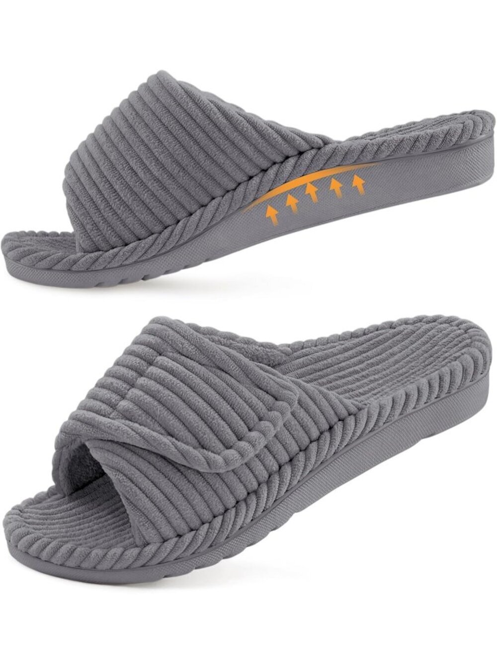Women's Grey Orthopedic Support Indoor House Corduroy Open Toe Slipper Shoes